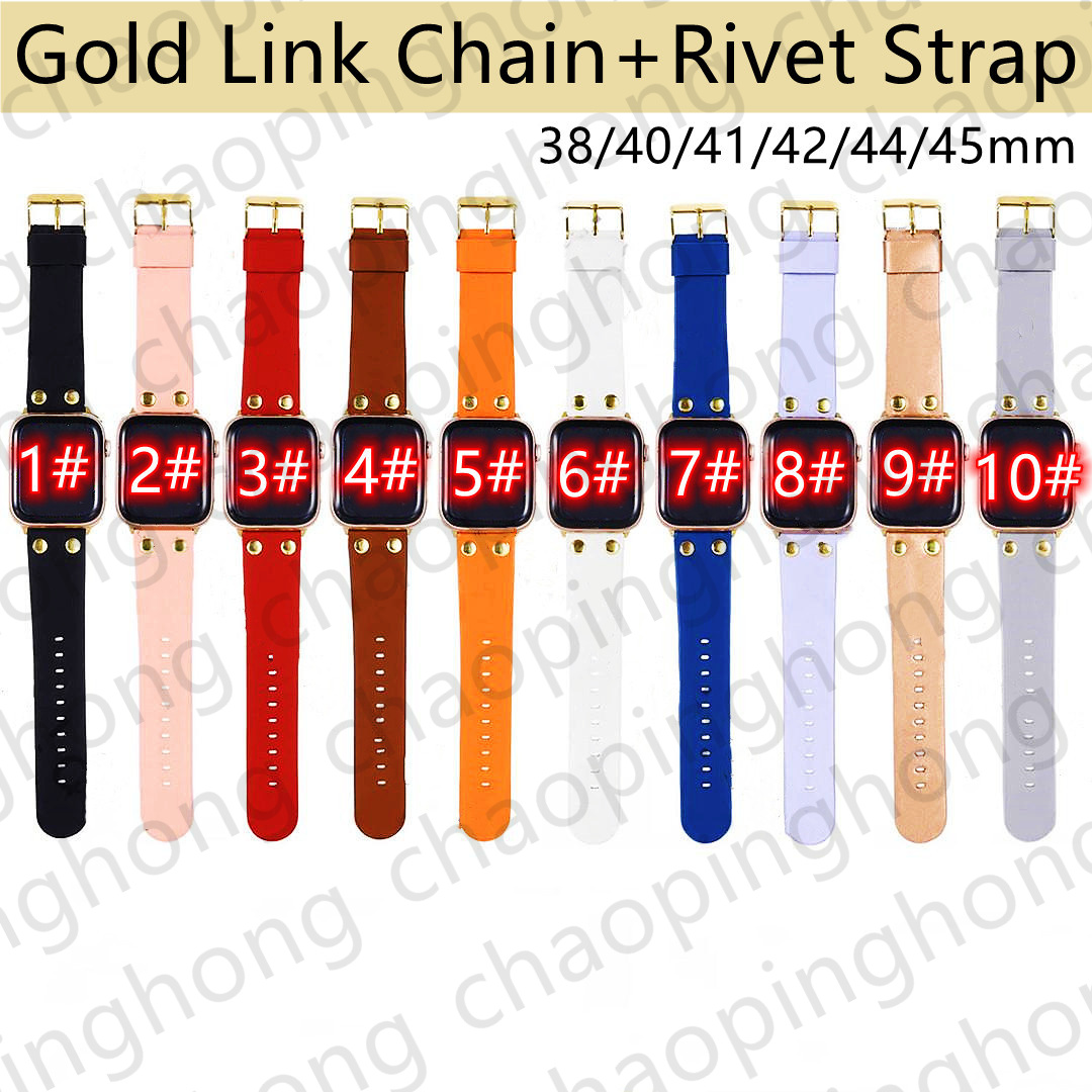 

Leather Watch Band For Apple iWatch Strap 7 3 4 5 6 SE Series 44mm 45mm 41mm 40mm 42mm 38mm Wristband Fashion Embossing Gold Link Rivet Bracelet Women Men Smart Straps