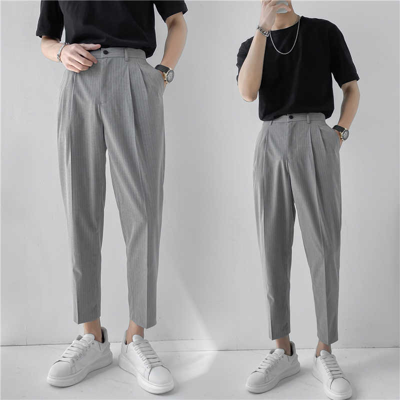 

Summer Casual Pants Men Loose Striped Business Dress Pants Streetwear Office Trousers Male Suit Pant Pantalon Homme 210527, Dark brown