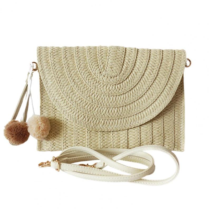 

Storage Bags Shoulder Bag Straw Braided Plush Balls Women Detachable Strap Hasp Handbag Home 28cm X 20cm