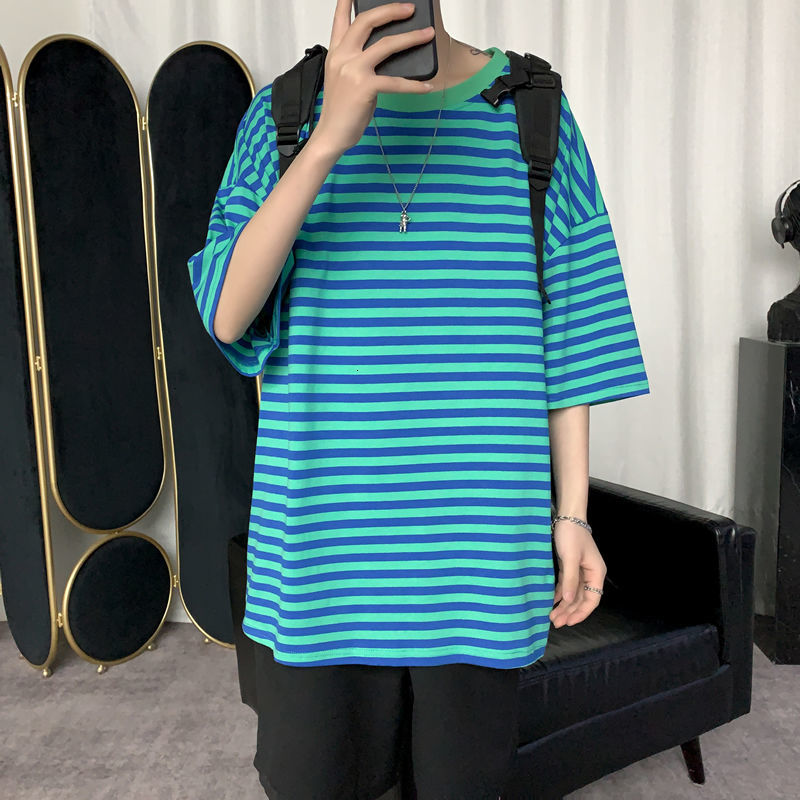 

2021 New Summer Cotton T-shirt Men' Fashion Casual Striped t Shirt Men Streetwear Korean Loose Short-sleeved Tshirt Mens Tops -5xl Eqz3, Light blue