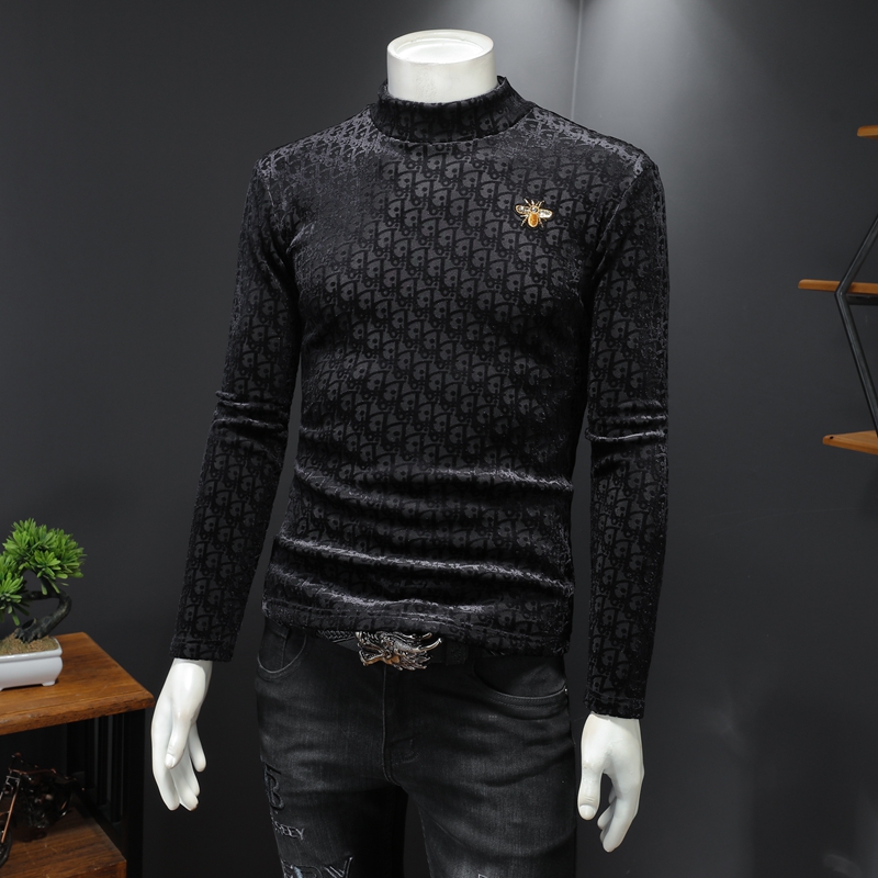 2022 autumn men's tops velvet thickened long-sleeved t-shirts turtleneck business casual bee embroidery dark pattern print pullover bottomin-image-740749964
