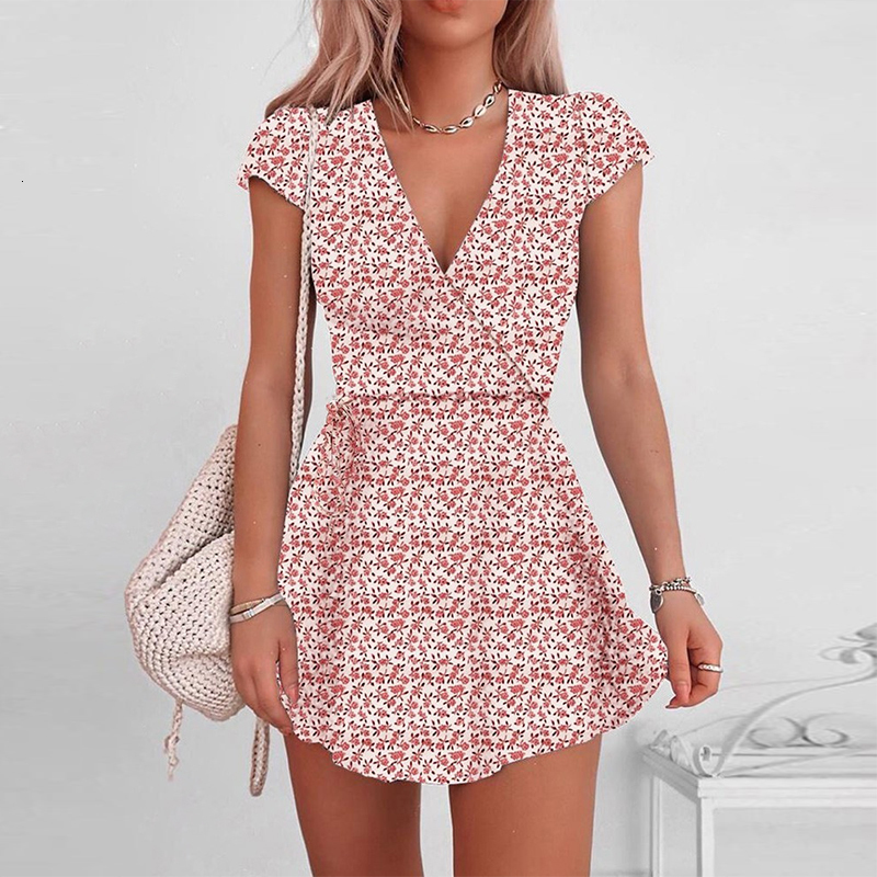 

Women Summer v Neck Floral Print Mini Bohemian Casual A-line Short Black Female Beach Party Vestidos 2021 New 7gd3, 01