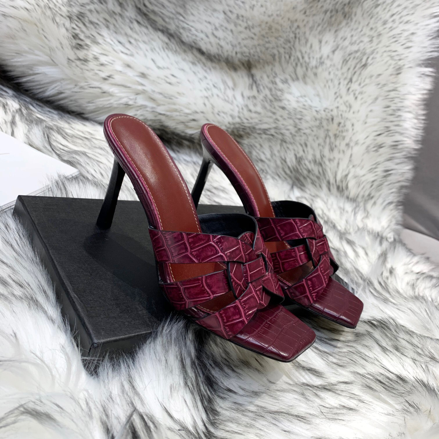 

With Box women slippers stiletto Heels Sandals Top Quality Tribute crocodile skin leather mules fashion high heeled summer luxury designer shoes factory footwear, Gift(not sold separately)