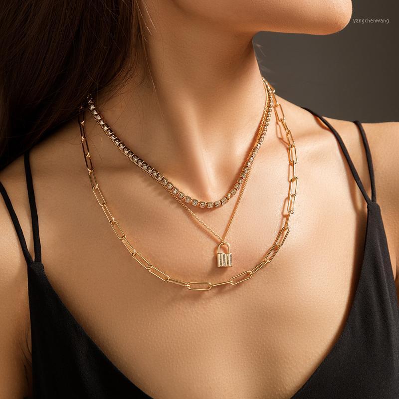

Chains 5Sets/lot Wholesale Fashion Chain Lock Necklace Personality Hip-hop Rhinestone Collarbone Jewelry Gift For Women In Bulk