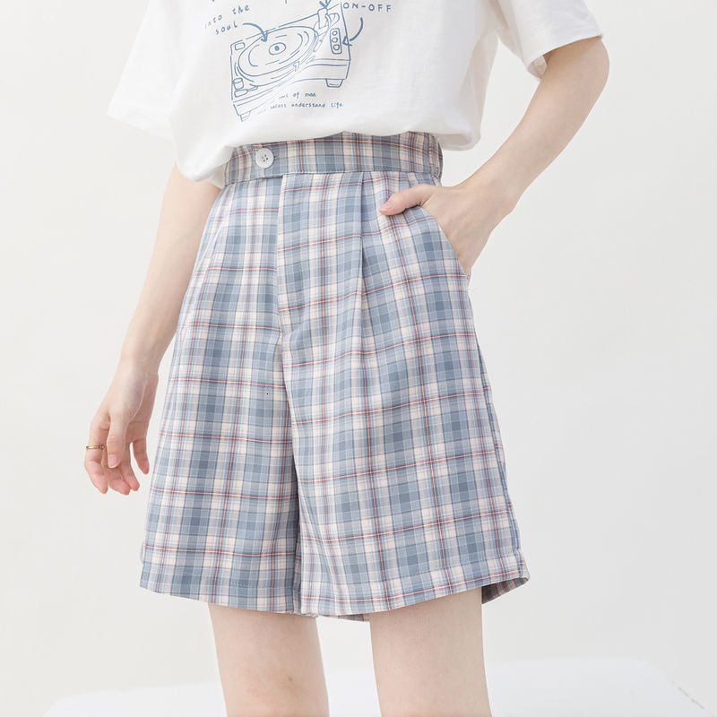 

2021 New of Vintage High Women' Blue Short Purple Shorts Back Elastic Waist Chess M3n8, Light blue