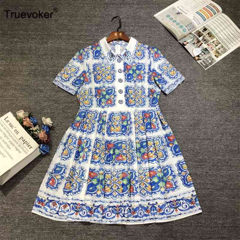 

Truevoker European High End Runway Designer Dress Lady Peter Pan Collar Blue Porcelain Print Holiday Mujer Festa Vestido 210602, Sky blue
