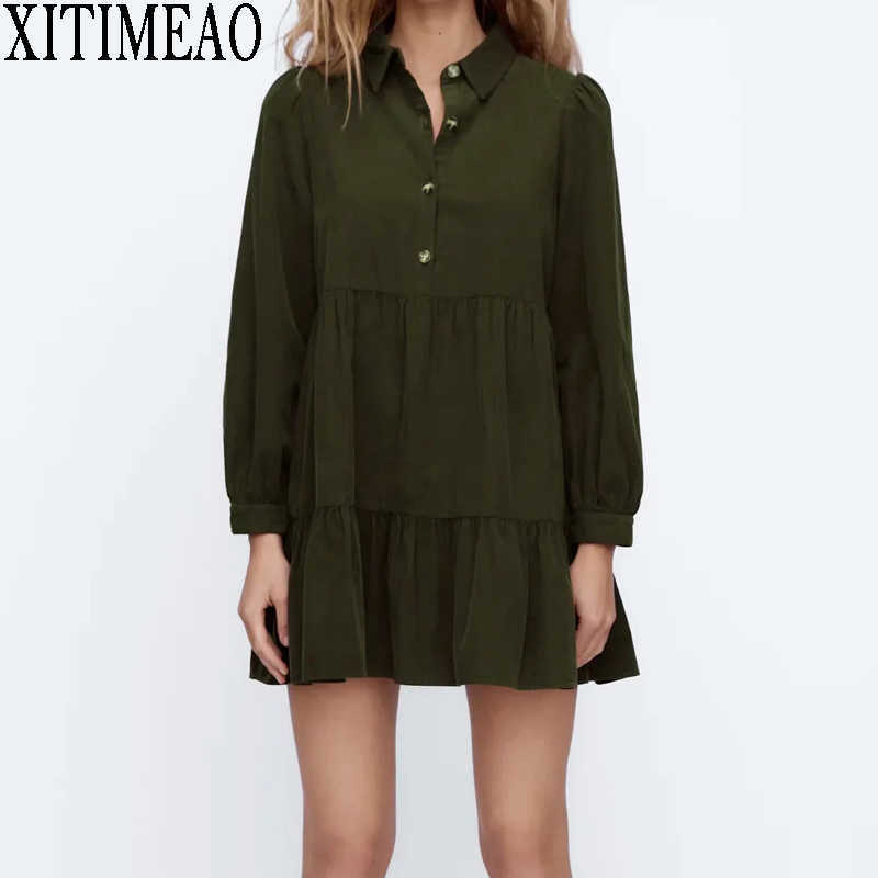 

ZA Women Sweet Fashion Ruffled Mini Dress Vintage Lapel Collar Puff Sleeve Femal Solid color skirte Dresses Chic 210602, Army green