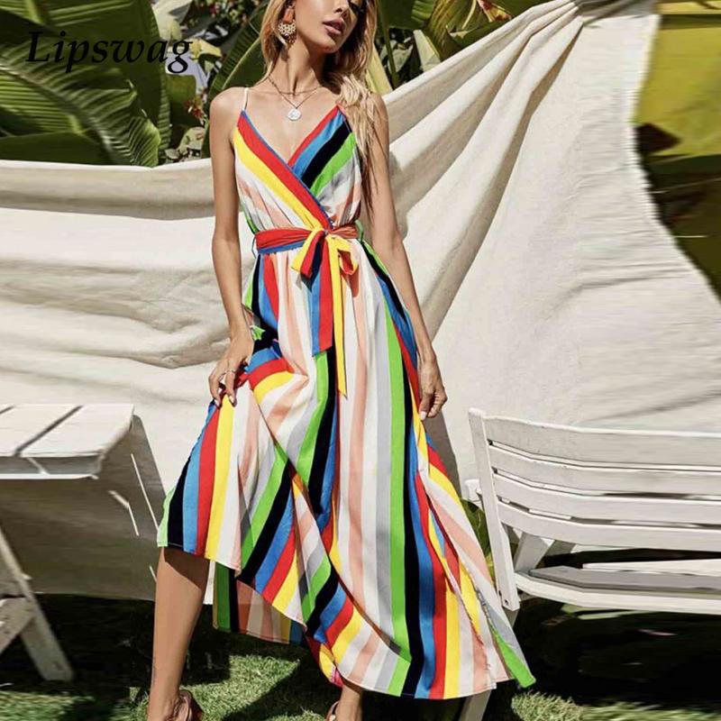 

v-neck rainbow striped sling long dresses women elegant backless split party dress summer spring lace-up belt beach dresshigh quality, Black;gray