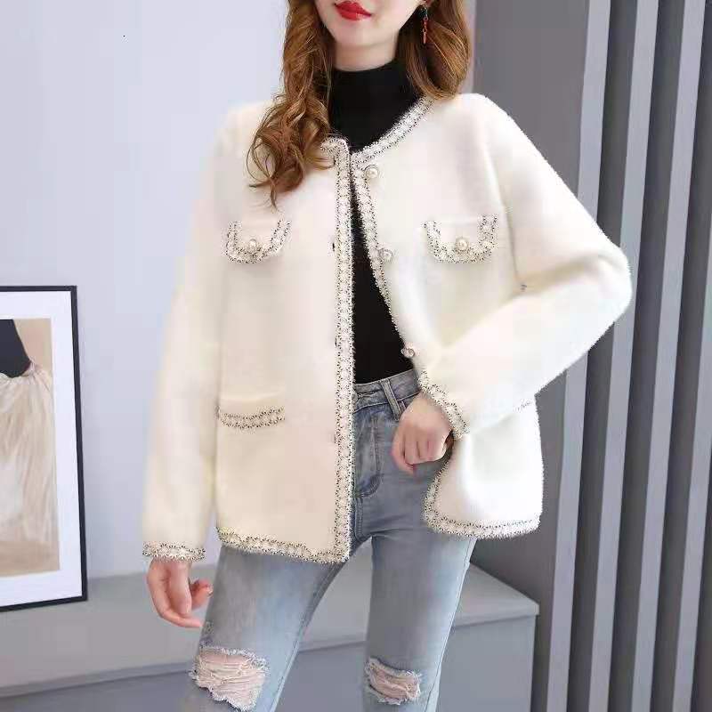 

women's sweaters fall winter vison cashmere loose short cardigan sweater women's jacket long sleeves thick silk stripe cvom, White;black