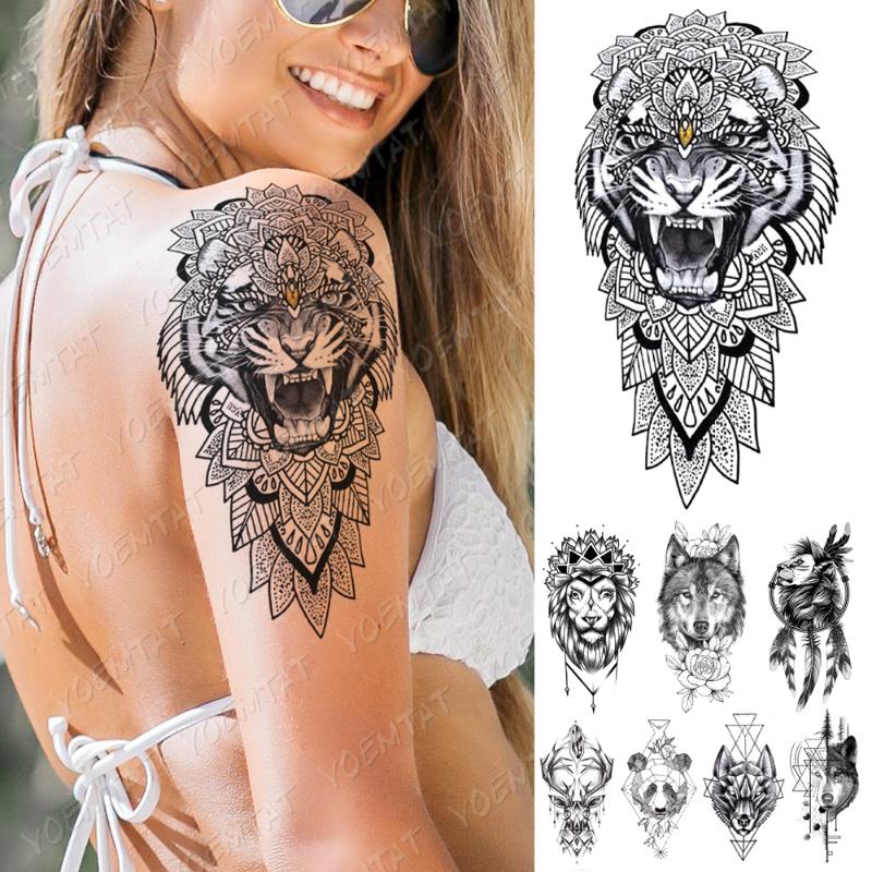 

Temporary Tattoos Waterproof Tattoo Sticker Tiger Lion Wolf Flowers Flash Line Panda Body Art Arm Fake Sleeve Tatoo Women Men