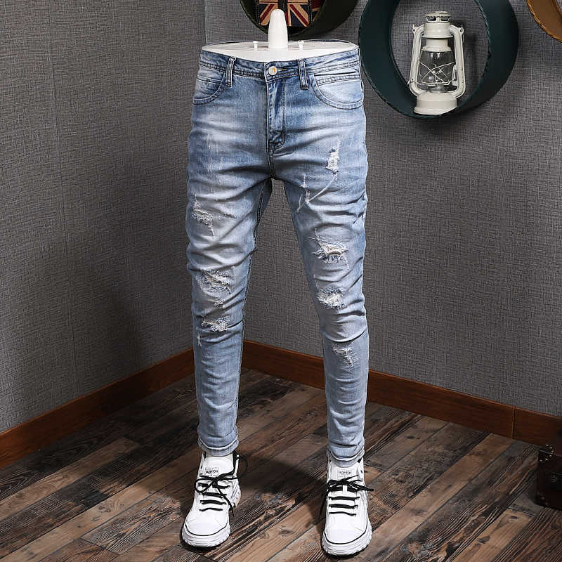 

Korean Style Fashion Men Jeans High Quality Elastic Slim Fit Ripped Denim Pencil Pants Light Blue Streetwear Hip Hop Trousers, Retro light blue