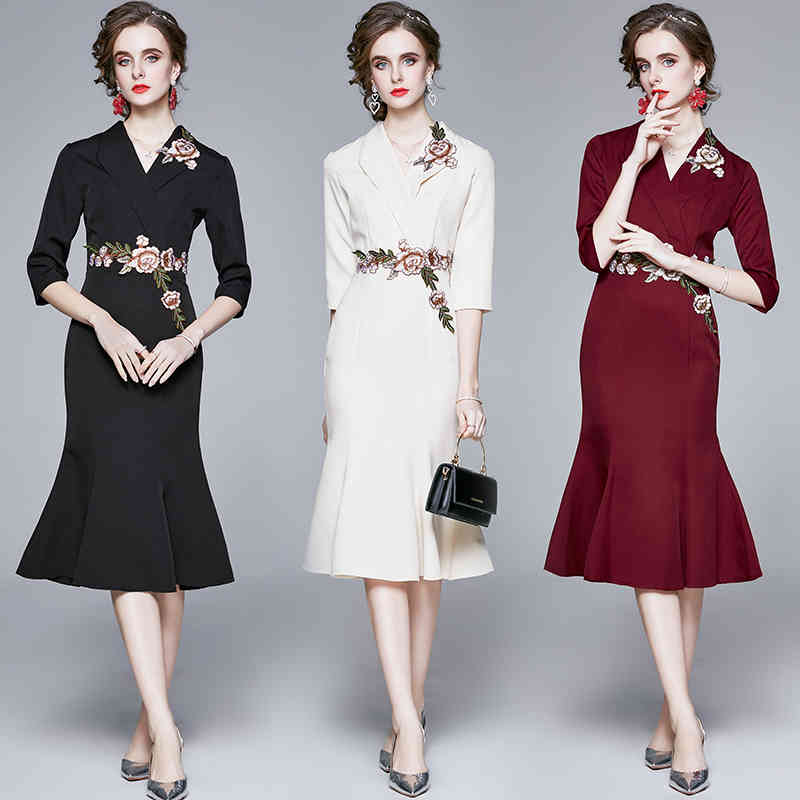 

Elegant Designer Women Autumn Embroidery Floral Dress Office Business Evening Party Robe Ladies Vintage Trumpet Dresses Vestidos 210525, Black