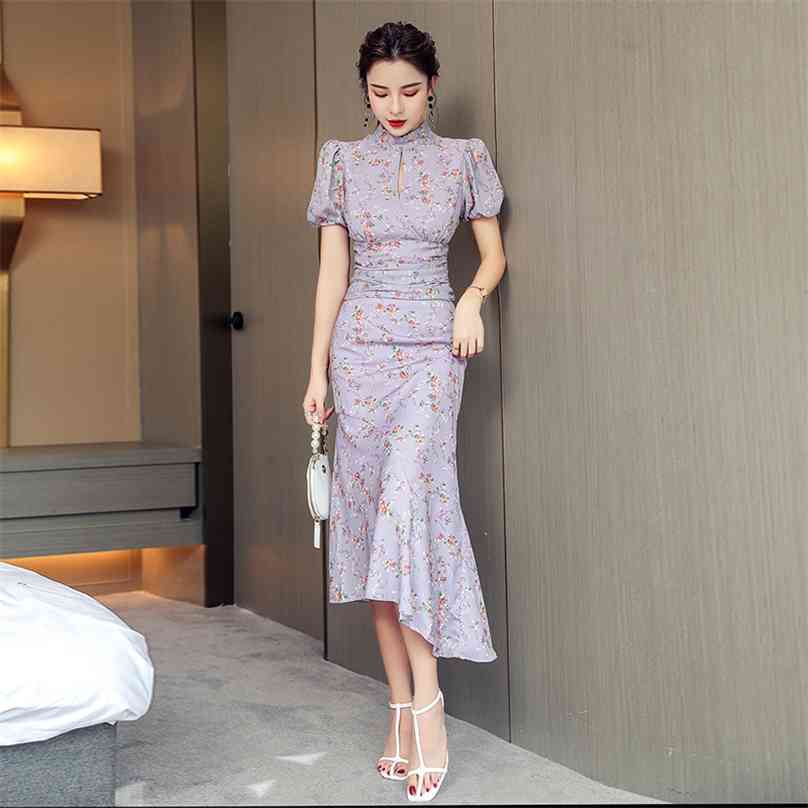 

2 piece ladies floral pattern set for women Summer Suit Short Sleeve Stand neck tops Long Skirt elegant print Office Party 210602, Design and color