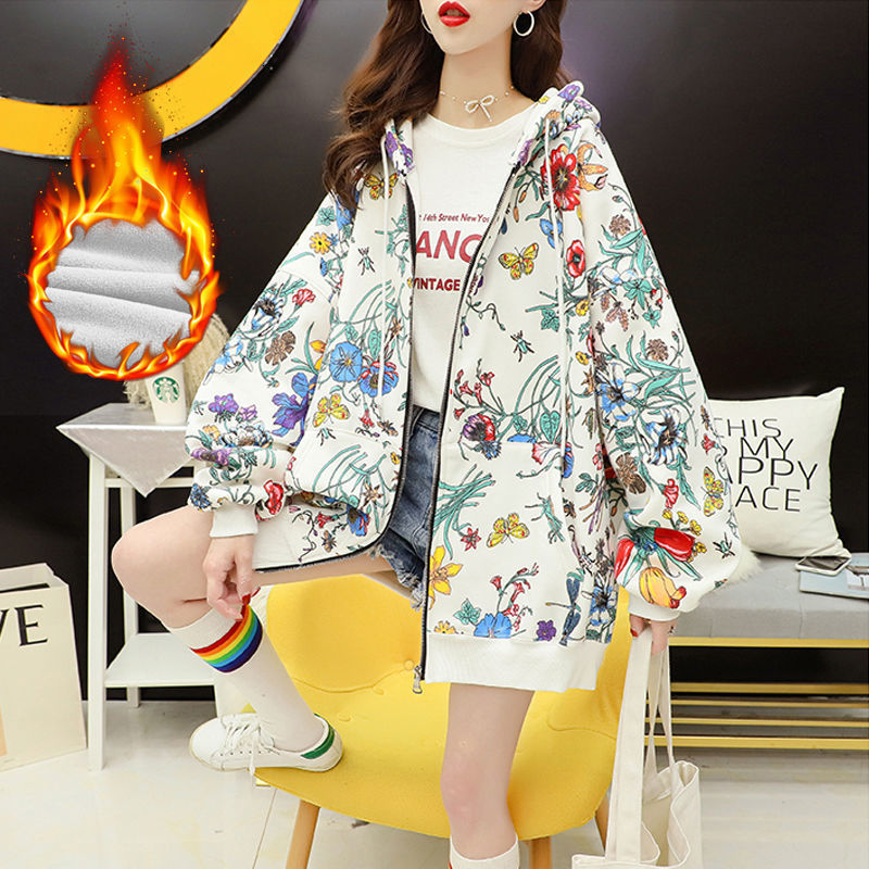 

New Casual Floral Print with Zipper Women Sweatshirts Korean 2021 Autumn Winter Oversized Hooded Hoodies Outerwear Plus Size Jmek, Black
