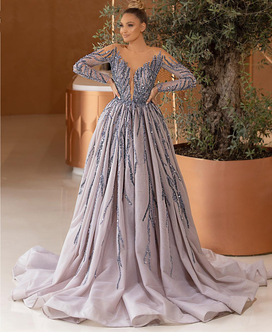 

Luxury Beaded 2021 Prom Dresses Long Sleeve African Sexy Sheer Jewel Neck Women Formal Evening Gowns, Dark navy