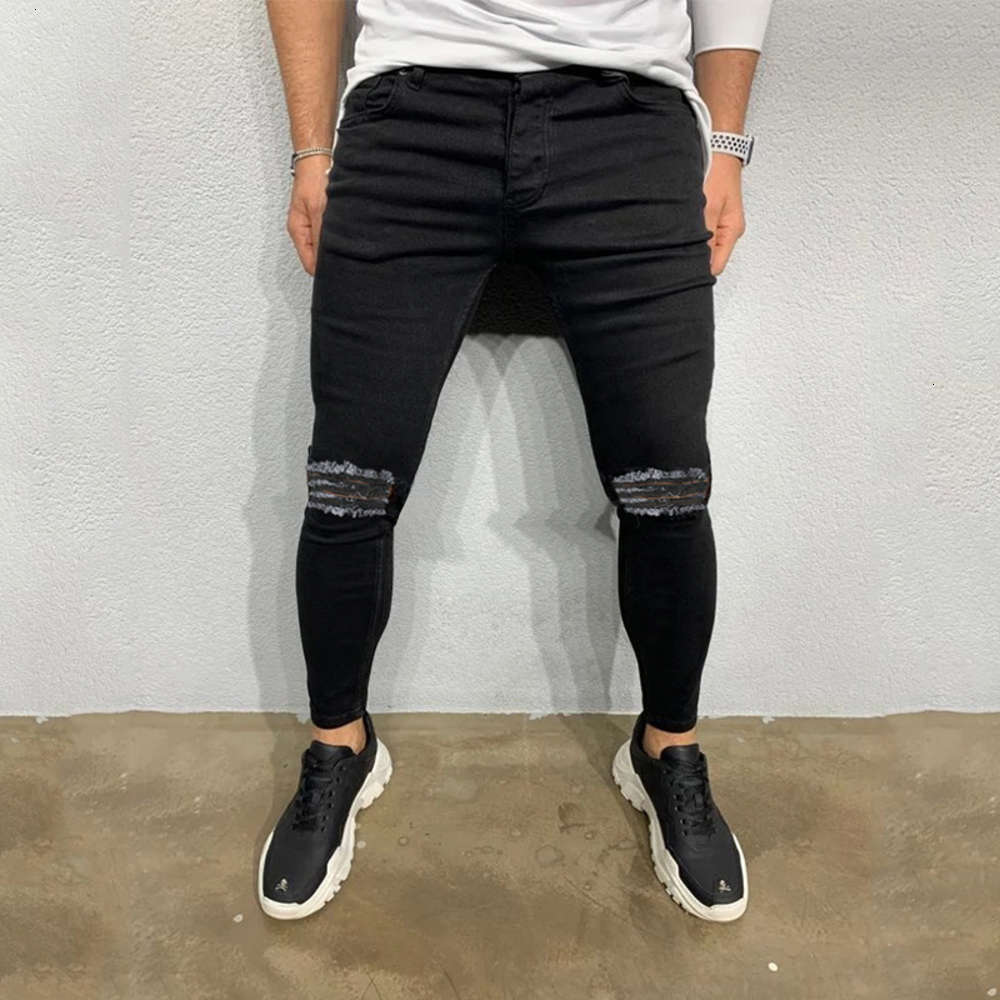 

European pure black perforated jeans casual fashion men's pants, Blue