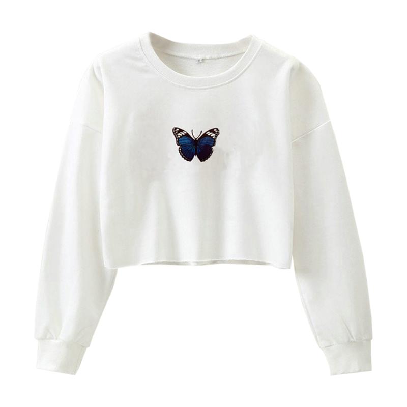 

Women' Hoodies & Sweatshirts Long Sleeve Butterfly Print Women 2021 White O Neck Sportswear Pullovers Tops Loose Solid Sport Streetwear, Gray