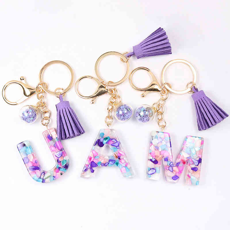 

Cartoon Keychain Women Creative Letter Liquid Keychains 26 Glitter English Alphabet Ball Car Bag Tassels Pendent Crystal Keyring