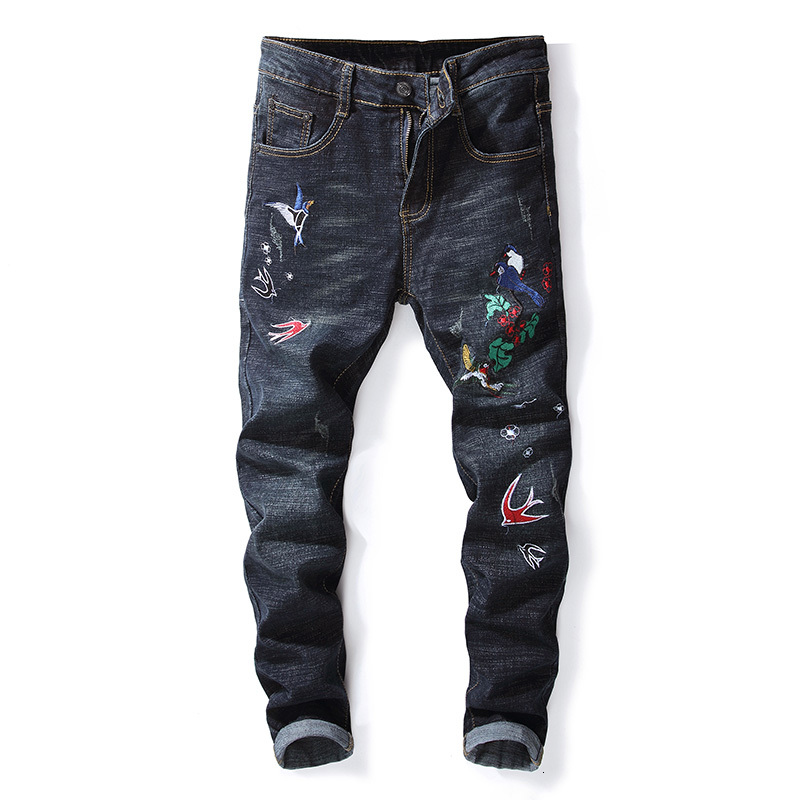 

2021 New Pantalon Homme Black Fashion Embroidered Print Ny Long Men's Slim Straight Ripped Hole Jeans Uuuj