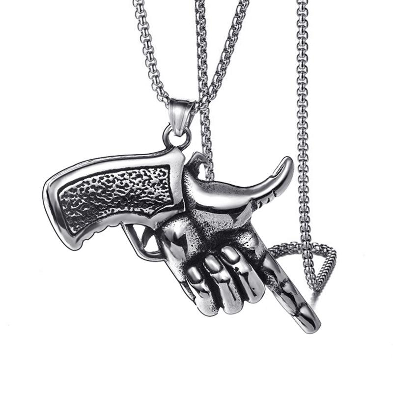 

Pendant Necklaces European And American Fashion Temperament Retro Stainless Steel Pistol Gesture Street Personality Necklace
