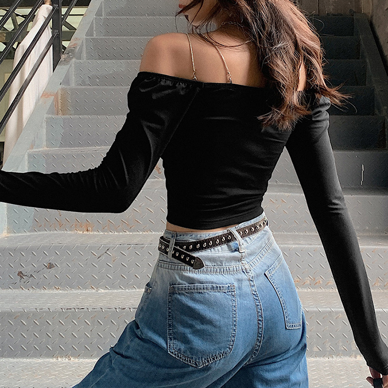 

Sexy Fashion Long Sleeve Splice Button Crop Top Women Bodycon Ruched Spaghetti Straps Tshirt Autumn Casual Streetwear, White