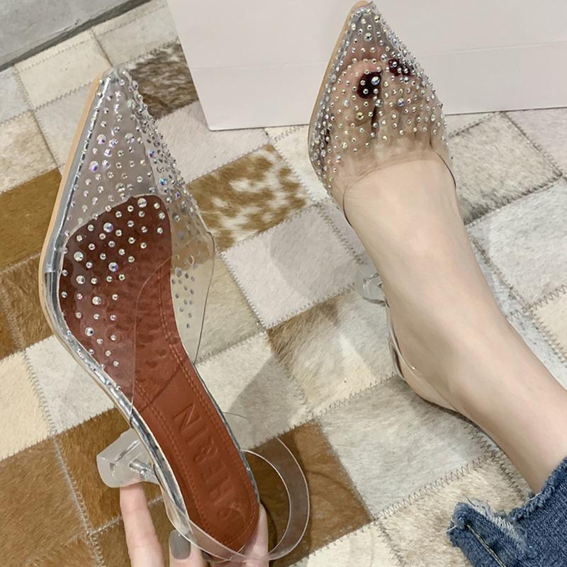 

Sandals Summer Luxury Women 8cm High Heels Slingback Strap Crystal Transparent Clear Low Lady Sexy Glitter Shoes, 8cm silver