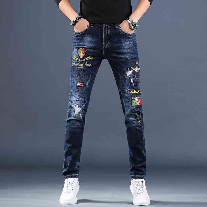 

men's embroidered jeans men's wear korean casual small leg fashion brand long autumn and winter 2020 trend, Blue