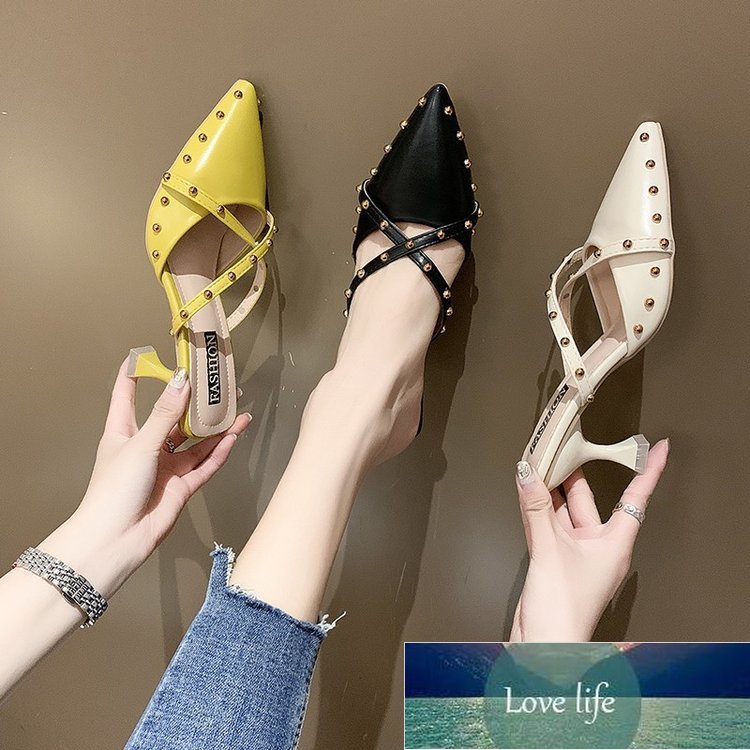 

New Women's Stiletto Sandals Summer Korean Style Pointed Toe Cap Half Slippers Mid Heel Rivet, Yellow