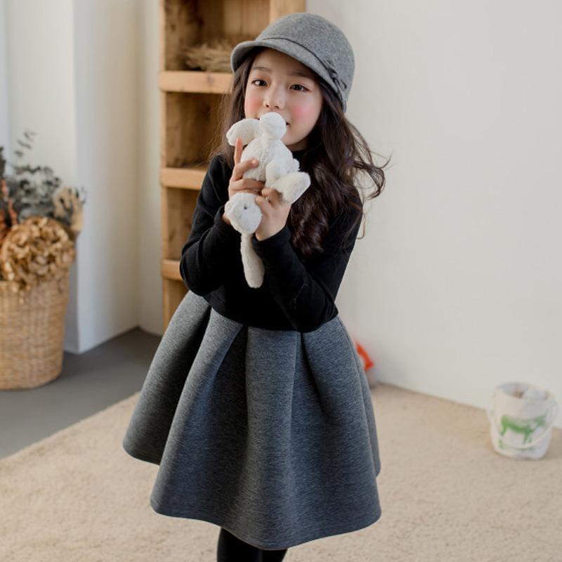

Girl's Dresses 2021 Autumn Winter Dress For Girls Patchwork Cotton Long Sleeve Big Kids Clothes Teen Girl Teenagers Black Grey, Not with velvet