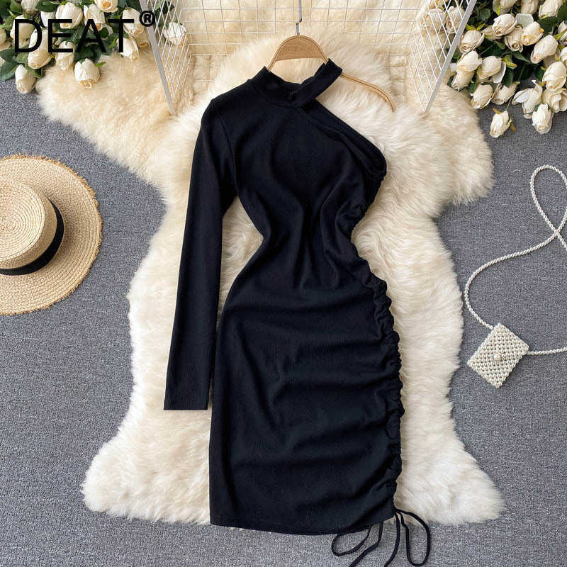 

DEAT Women Single Side Long Sleeve Drawstring Dress Round Neck Short Sleeve Arrivals Lady Fashion Spring Summer 11D 210709, Light gray