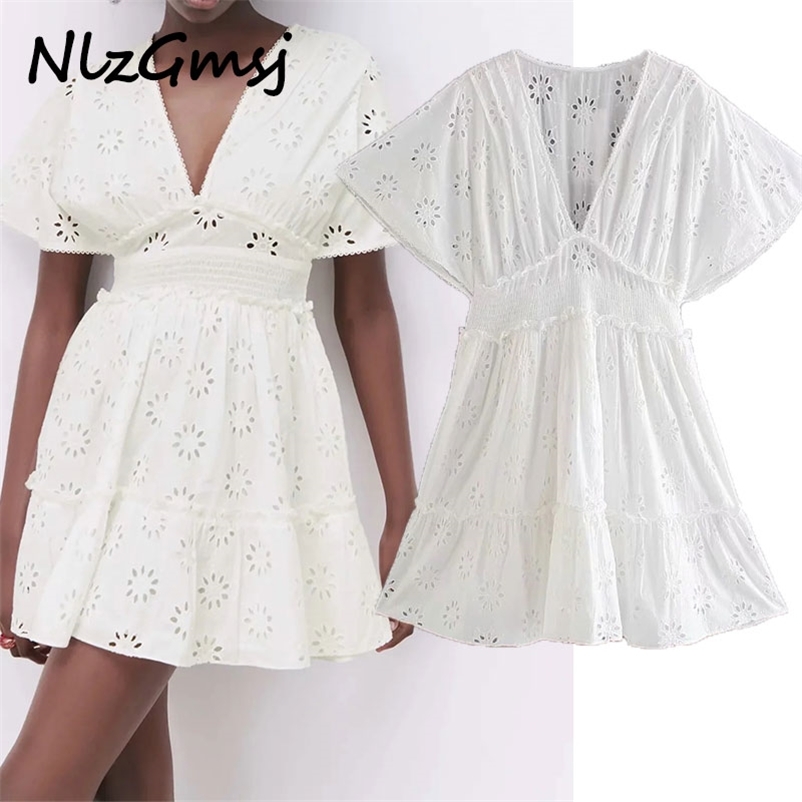 

Women Short Dress Summer Hollow Out Embroidery White Mini Woman Elastic Waist Casual es 05 210628, As picture