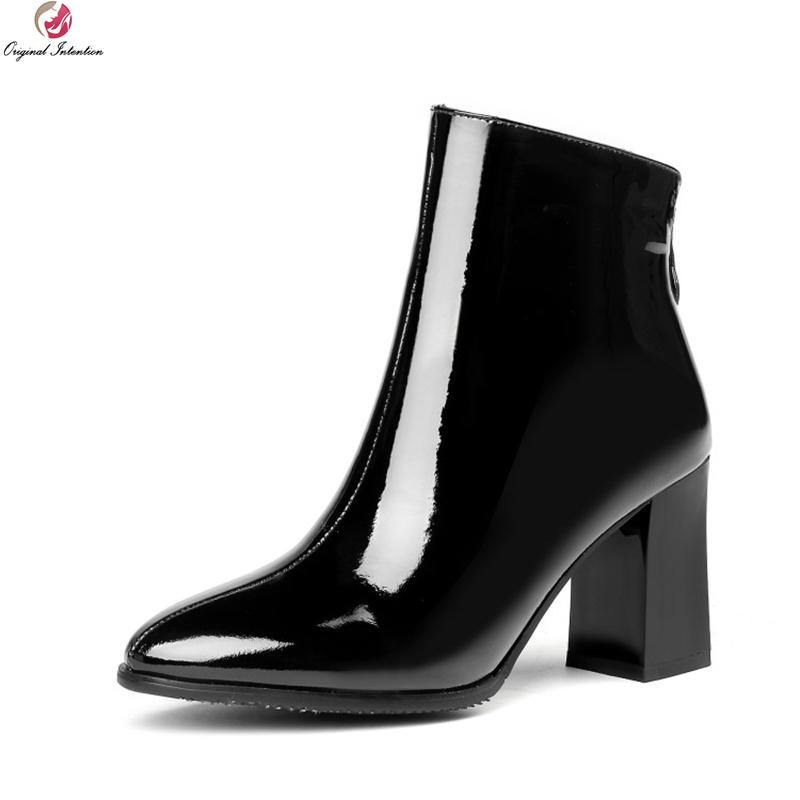 

Boots Original Intention Fashion Women Ankle Leather Pointed Toe Square Heels Black White Shoes Woman Plus US Size 3-13, Oi0325 white