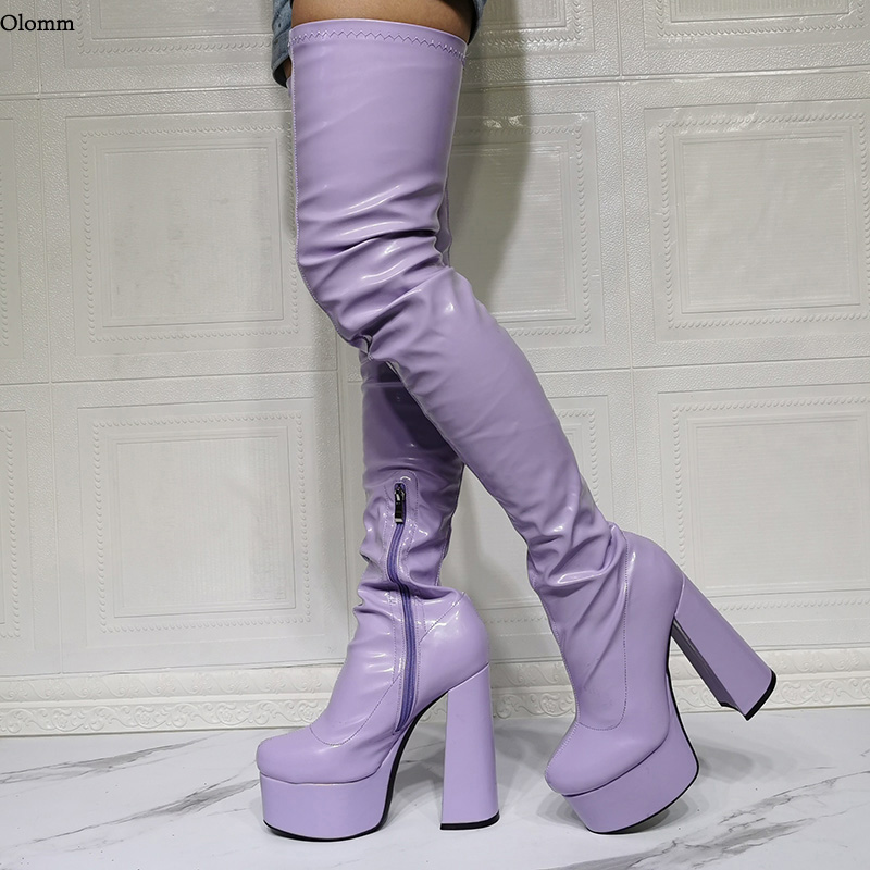 

Rontic New Arrival Women Platform Thigh Boots Hoof Heels Round Toe Gorgeous Violet Pink Black Party Shoes Women Plus US Size 5-20, D3227 patent 2-2
