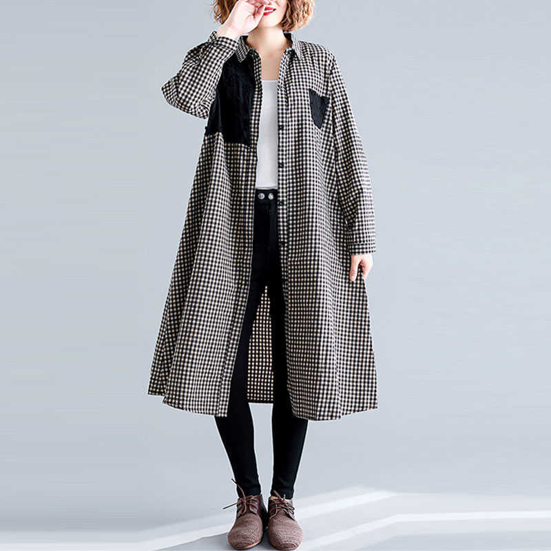 

Spring Arts Style Women Turn-down Collar Casual Long Shirts Cotton Linen Plaid Blouse Femme loose Tops Big Size S33 210608, Picture color