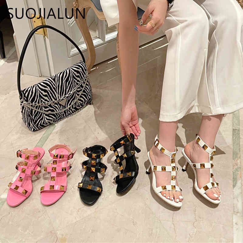 

SUOJIALUN New Brand Rivet Women Sandal Shoes Thin High Heel Back Strap Gladiator Shoes Ladies Elegant Summer Party Pumps Shoes K78, Black