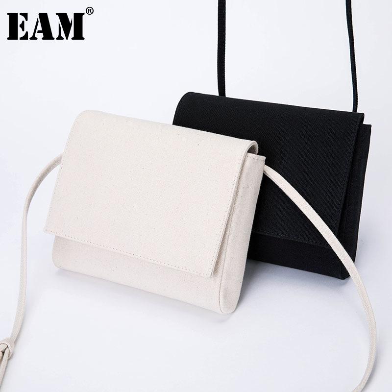 

[EAM] Women New Cotton Canvas Square PU Leather Flap Personality All-match Crossbody Shoulder Bag Fashion Tide 2021 18A1900, Black