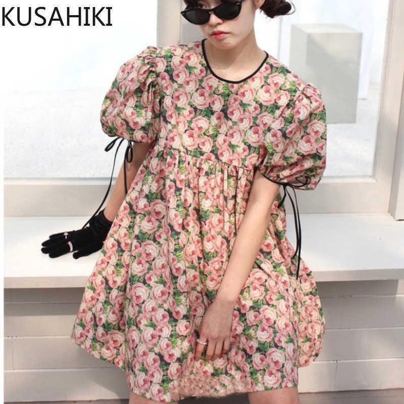 

Floral Woman Dress Sweet Bow Tie Puff Sleeve O-neck Vestidos Femme Summer High Waist A-line Dresses 6G638 210603, Photo color