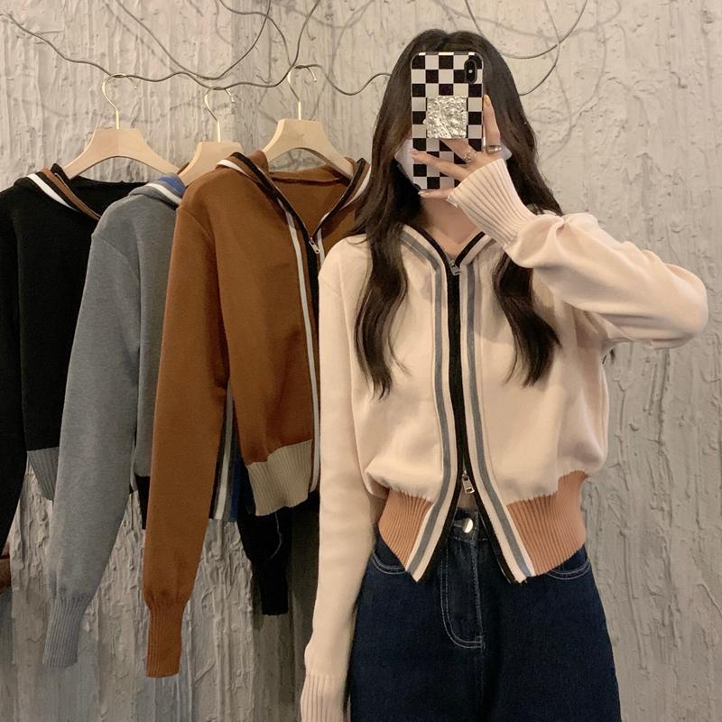 

Women's Knits & Tees Casual Long Sleeve Striped Cardigan Sweater Zipper Autumn Vintage Fashion Hit Color Pull Femme Hooded Knitted Coat Thin, White