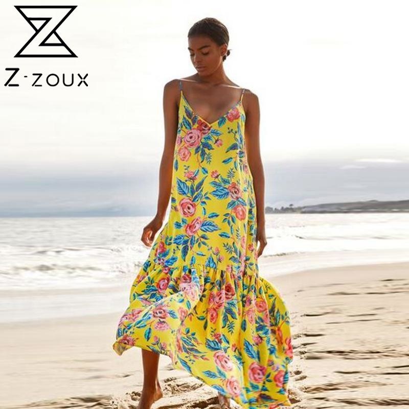 

Women Dress Deep V Neck Printed Bohemia es Sexy Long Print Floral Maxi Spaghetti Strap Beach es 210524, Yellow