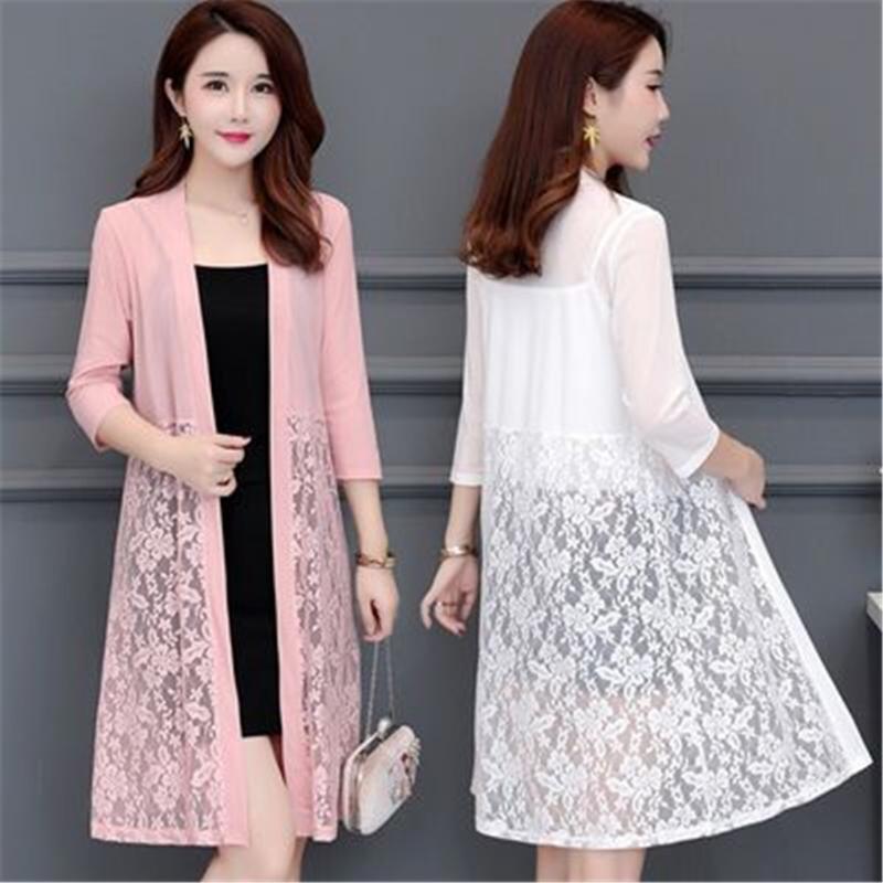 

Women's Knits & Tees 5XL Plus Size Summer Lace Cardigan Women Long Net Yarn Sunscreen Jacket Casual Pink Black Red White Thin Sleeve Coat