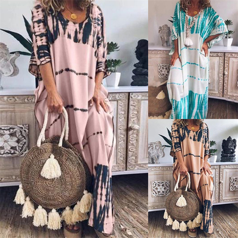

2021 New Long Short Sleeve Loose Robe Party Ladies O-neck Maxi Es Vestido Print Sumemr Casual Women Vintage Tie Dye Jtqi 0KJL, Khaki