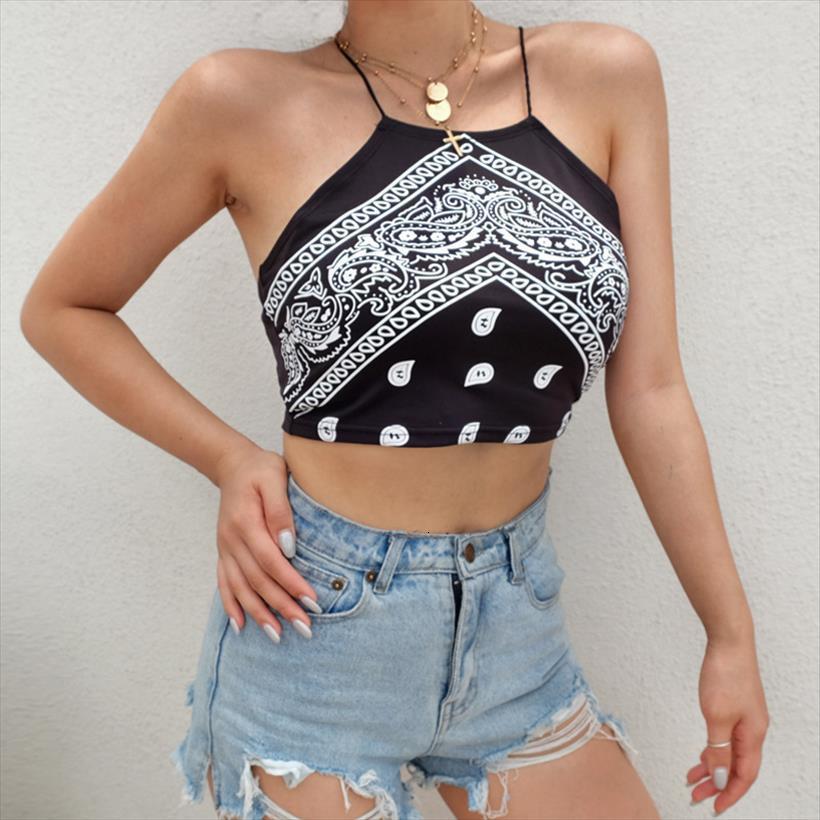 

aesthetic bandana print womens tanks slim bustier crop camisole workout sleeveless tee cropped short skinny off shoulder streetwear, White