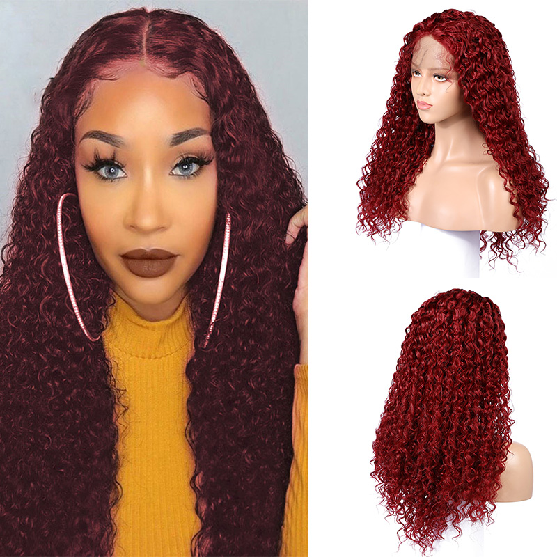 Costume Accessories 180% Density 99j Kinky Curly Synthetic Lace Front Wig For Black Women with Baby Hair Synthetic Hair Preplucked 26Inch B-image-749168566