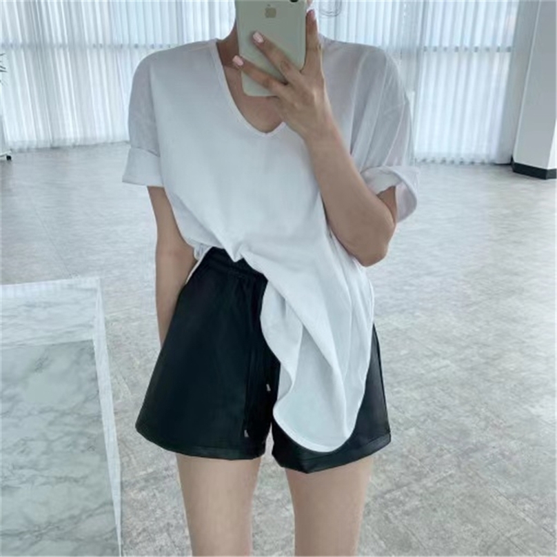

Solid All Match V-Neck Slim Basic Girls Fashion Summer Tee Chic Short Sleeves Femme Brief Loose T-shirts 210525, Black
