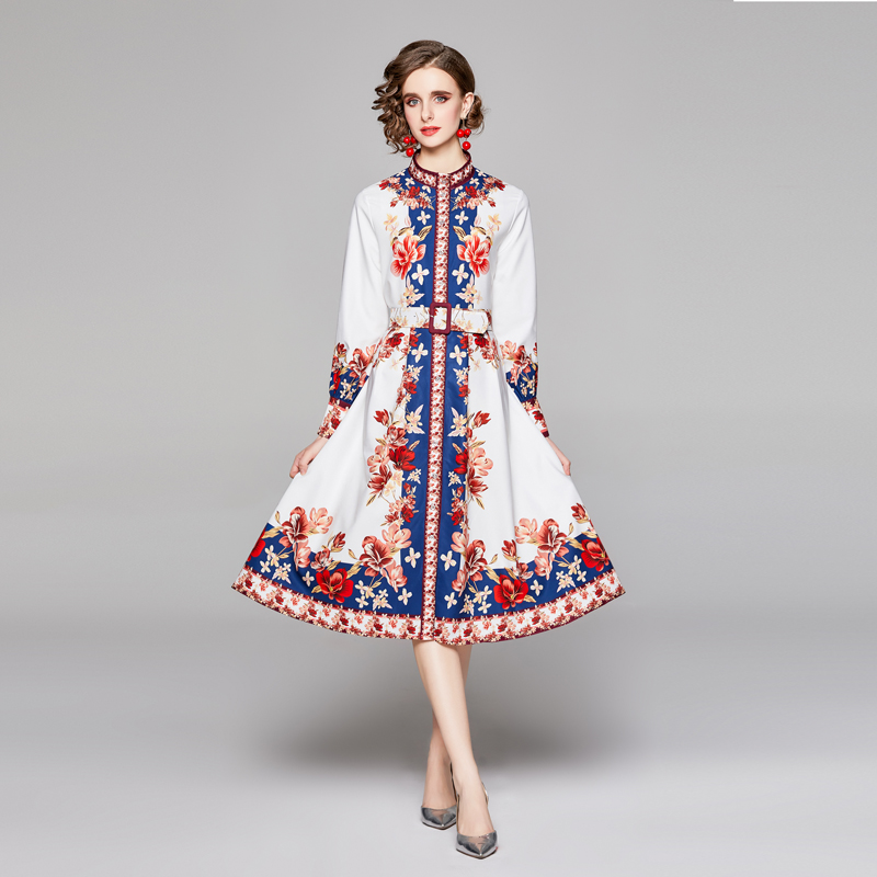 

2021 Runway Floral Button Shirt Dress Long Sleeve Women Designer Printed Slim Office Ladies Elegant A-Line Dresses Autumn Winter Fashion Holiday Party Mini Frock
