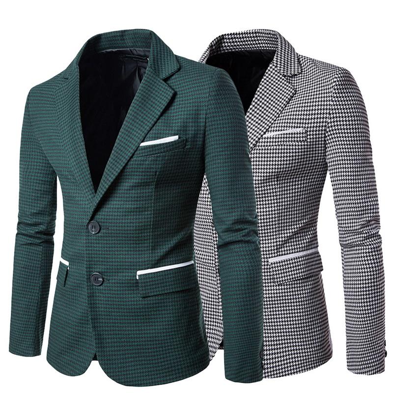 

Casual Plaid Print Men Blazer Fashion Long Sleeve Wedding Dress Coat Autumn White Social Business Mens Jacket, Green
