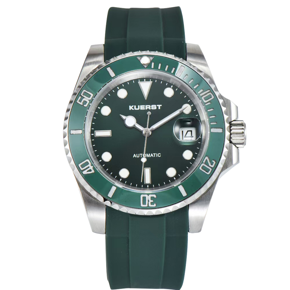 

NEW Kuerst Men watches Luminous Water proof Automatic movement Sapphire glass Sports rubber strap Green face Wristwatches, Alarm clock