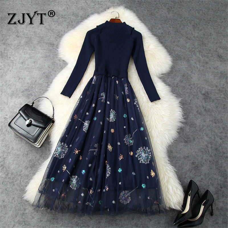 

High Quality Autumn Winter Woman Clothes Fashion Runway Designers Stand Neck Embroidery Mesh Patchwork Midi Knit Sweater Dress 210601, Blue