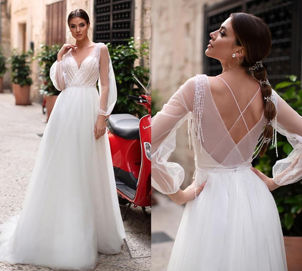 

2021 Illusion Beach Lace Crystal Beads New Design Vestidos De Novia Sleeves Bridal Boho Wedding Gowns Nqfy, Ivory