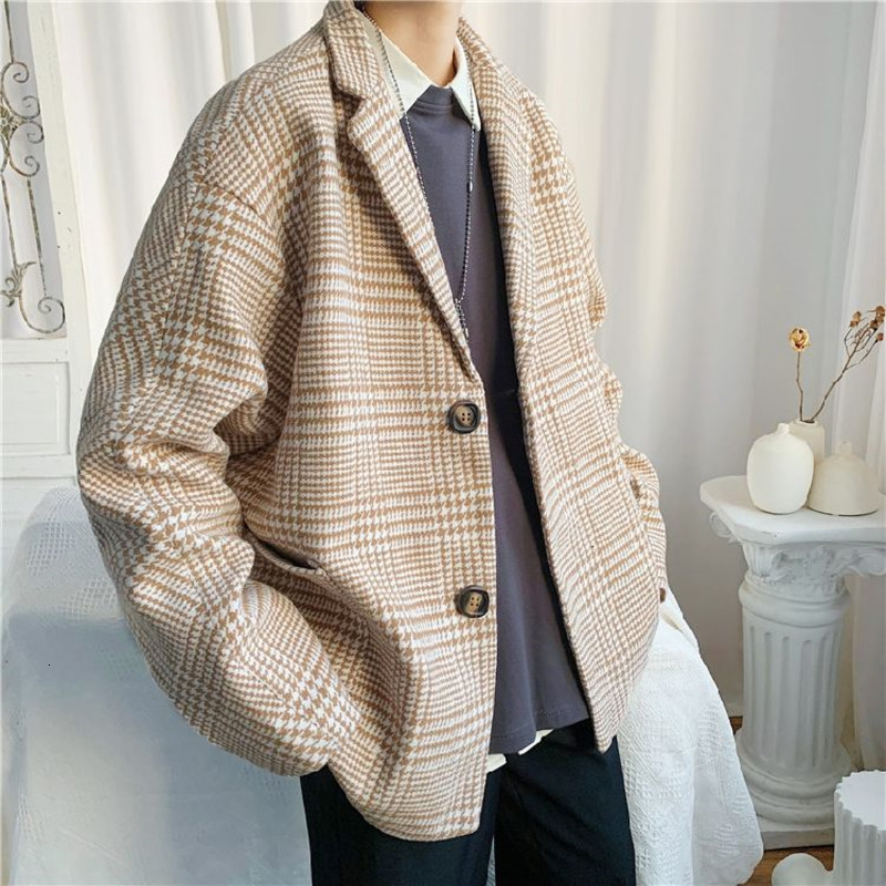 

2021 New Korean Plaid Men's Fashion Casual Retro Oversized Men Loose Autumn and Winter Short Woolen Coat Mens -2xl Fgdq, Khaki